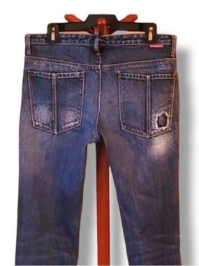 DSQUARED Men's Straight Jeans in Distressed Blue with Red Accent